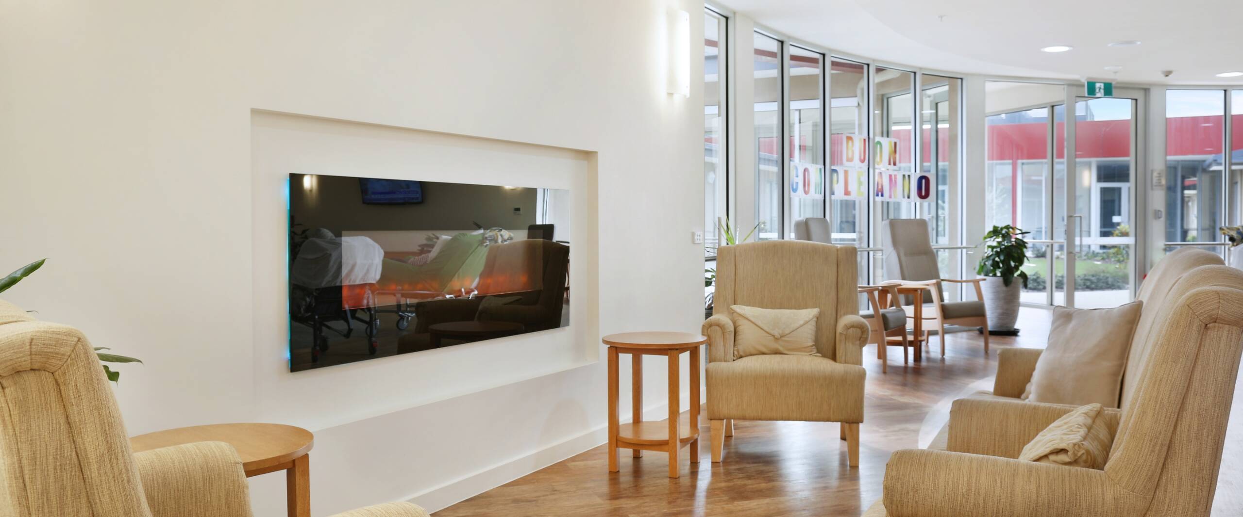 A comfortable and modern sitting area with a heater.